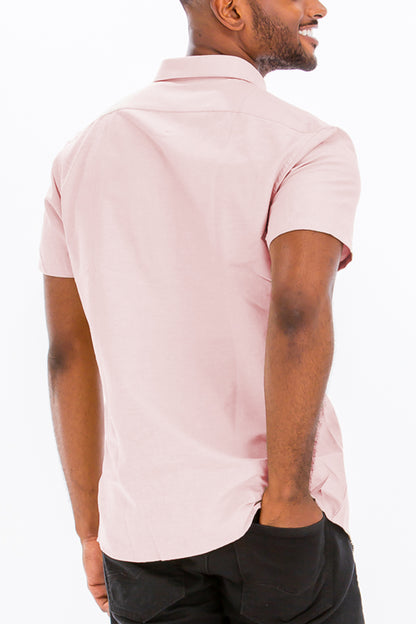 Lime Milo Signature short sleeve button-down dress shirt with a classic collar and patterned fabric, displayed on a hanger.