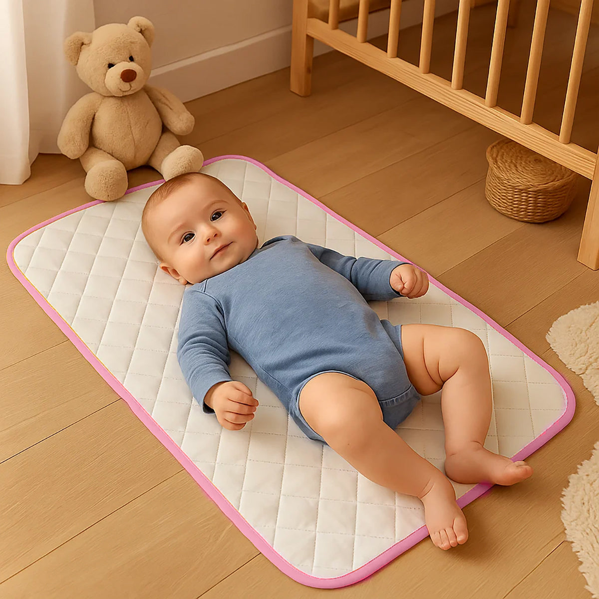 Pink Nomadic Changing Mat for kids and babies by Chocolate Briseis, featuring a soft, portable design with a secure surface for changing.