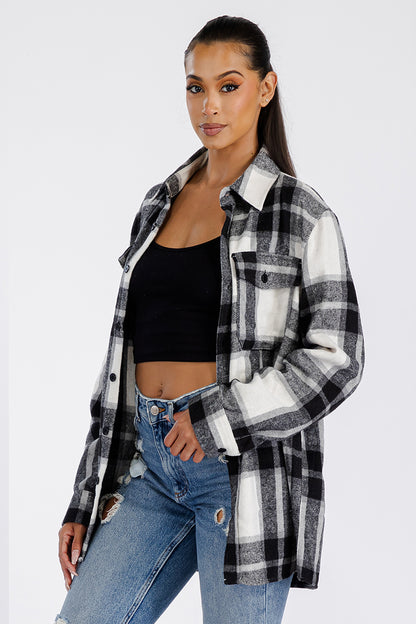 Lime Milo Boyfriend oversized soft flannel shacket in neutral tones, featuring a button-front and relaxed fit, perfect for casual wear.