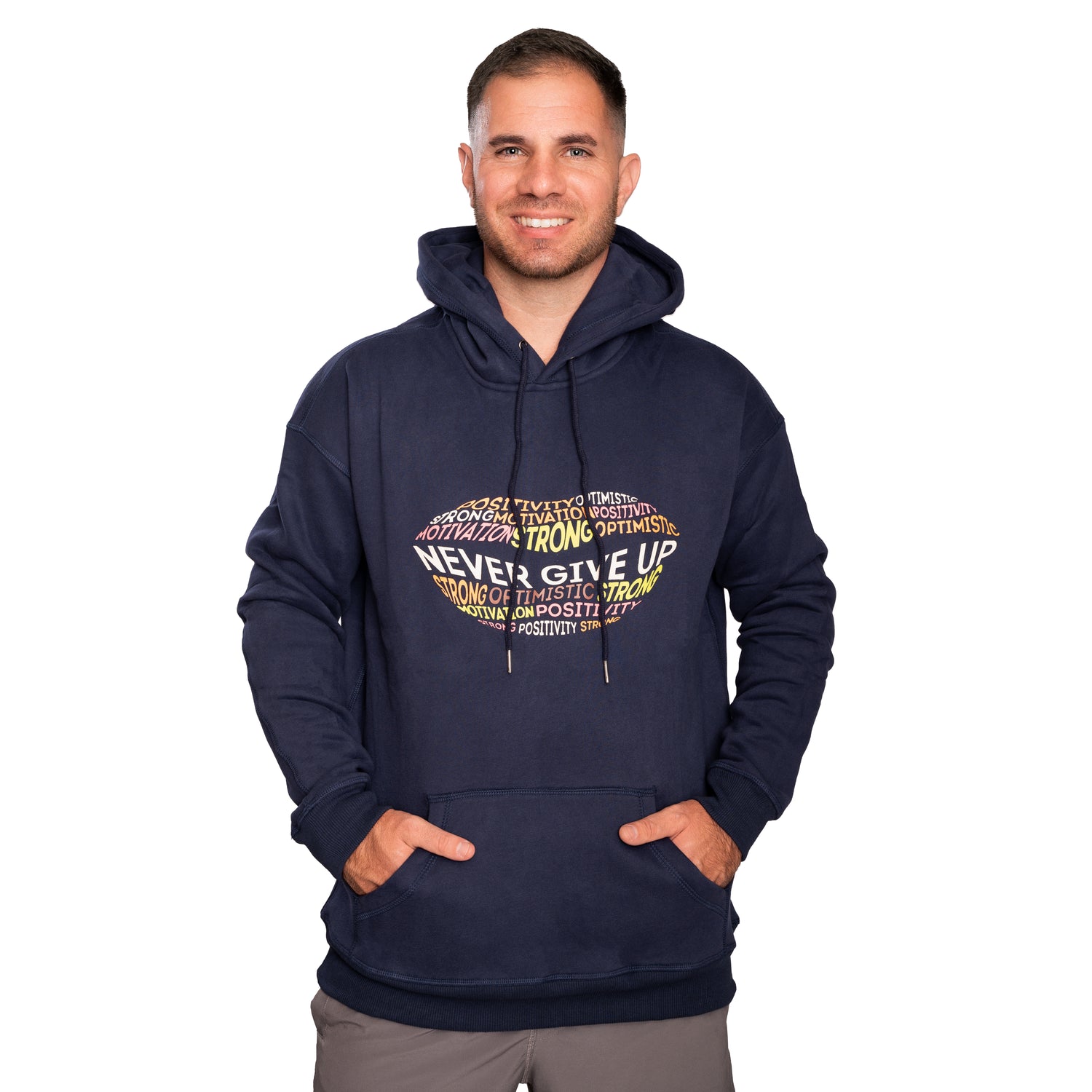 Orange Ash motivational hoodie with "Never Give Up" slogan, casual sweatshirt with a comfortable fit and inspiring message.
