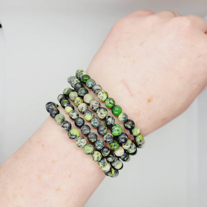 Green Chrysoprase stone bracelet by Olive Coeus featuring metaphysical Reiki healing and boho style.