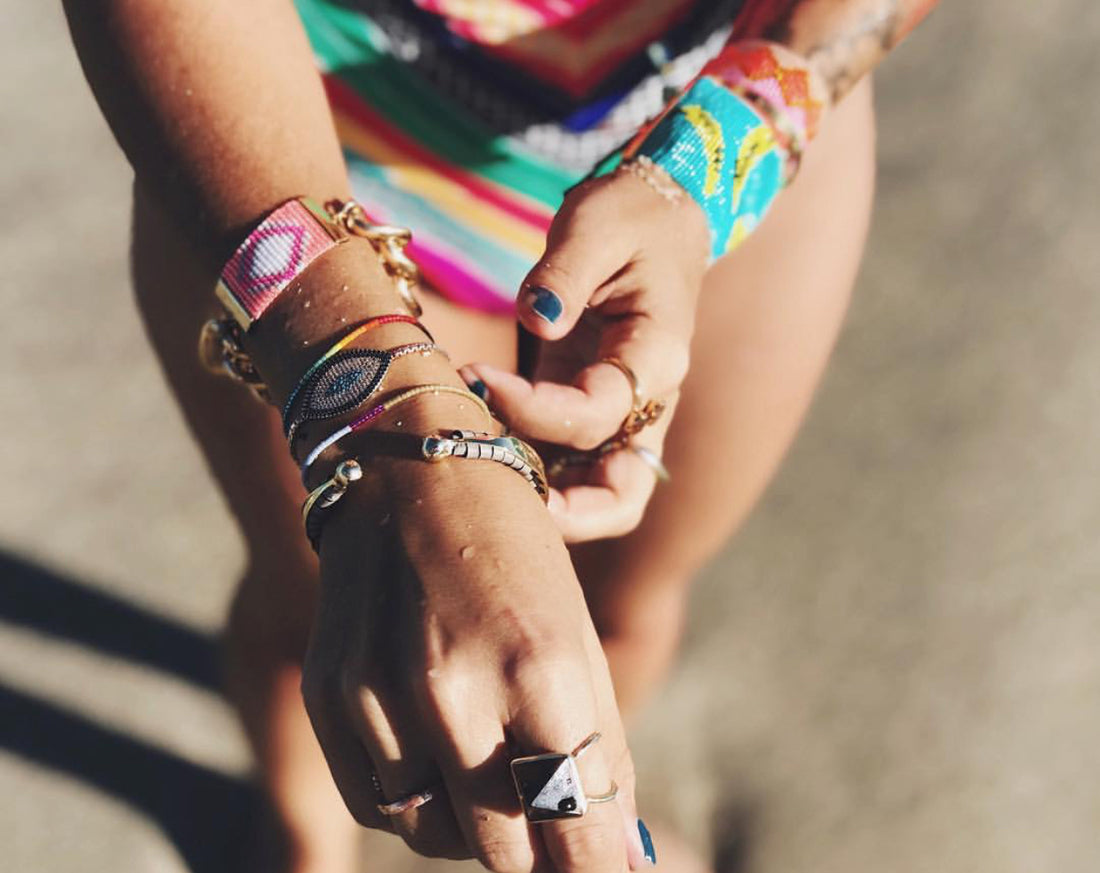 Yellow Athena Bananas bracelet featuring pink and turquoise beads, colorful and stylish bracelet design.