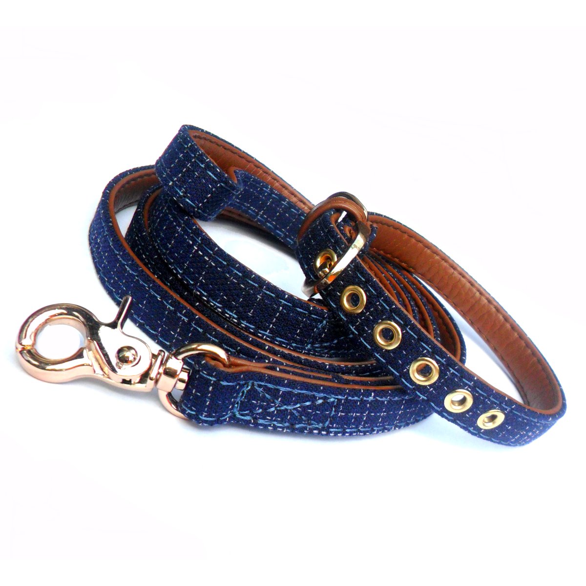 Blue denim fabric dog leash from Salmon Oscar, durable and stylish pet lead with metal clasp and comfortable handle.