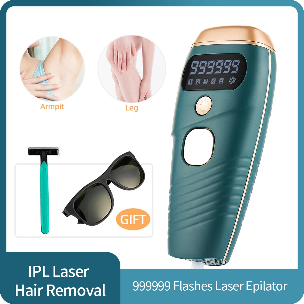 Teal Simba IPL laser epilator for painless hair removal, showing the device with a sleek design and control buttons in a bathroom setting.