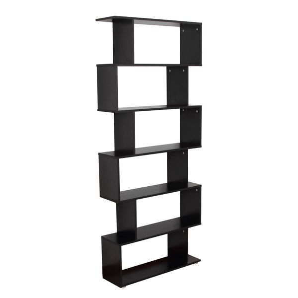Taupe Shadow HOMCOM wooden S-shape bookcase with six shelves for home and office storage and display.