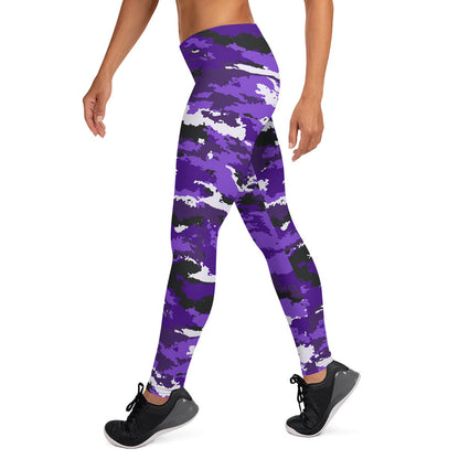 Maroon Sooty purple camo leggings for women, activewear with a fitted design and elastic waistband, suitable for workout or casual wear.