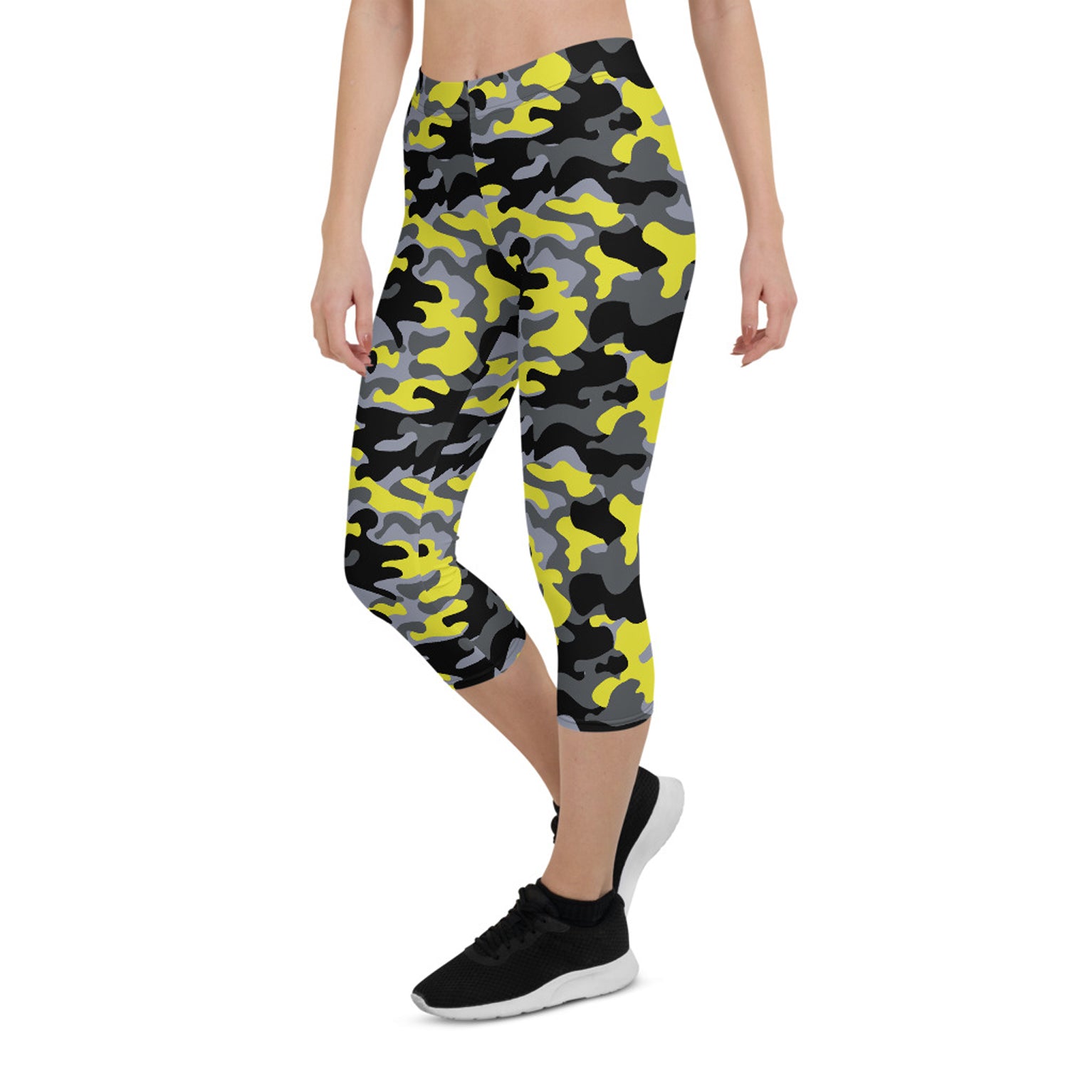 Maroon Sooty yellow and gray camo activewear capri leggings with stretchy fabric and elastic waistband, suitable for workout or casual wear.