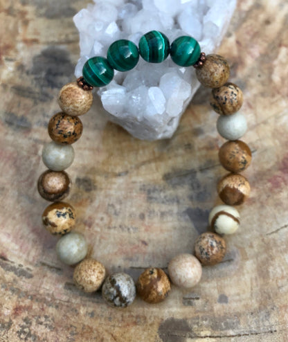 Genuine Malachite and Picture Jasper stretch bracelet by Violet Chaos featuring vibrant green and earthy stone beads.