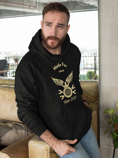 Yellow Pandora Made for Speed hooded sweatshirt featuring a front pocket and bold graphic design on soft, comfortable fabric.