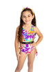 Colorful tie dye Love Trikini swimsuit for kids by Bronze Tartarus, featuring vibrant patterns and a playful design.