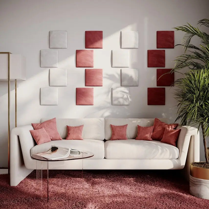 Red Rosemary upholstered acoustic wall panels for home decor, soundproof and absorbing, with soft fabric covering and modern design.