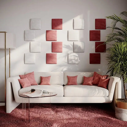 Red Rosemary upholstered acoustic wall panels for home decor, soundproof and absorbing, with soft fabric covering and modern design.