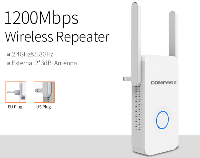 Teal Simba 1200Mbps WiFi extender with antenna booster, router repeater, and tech accessories for improved wireless signal.