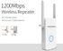 Teal Simba 1200Mbps WiFi extender with antenna booster, router repeater, and tech accessories for improved wireless signal.