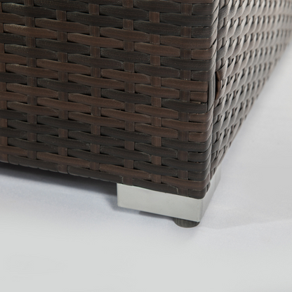 Dark brown wicker outdoor gas fire pit table with square shape and built-in fire feature, ideal for home and garden settings.