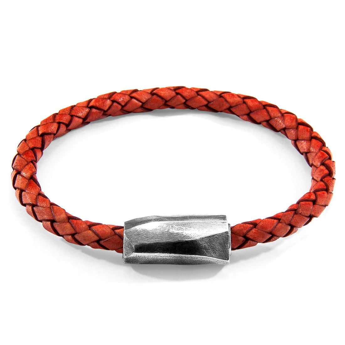 Amber red Hayling silver and braided leather bracelet by Magenta Sooty featuring mixed metal and leather design.