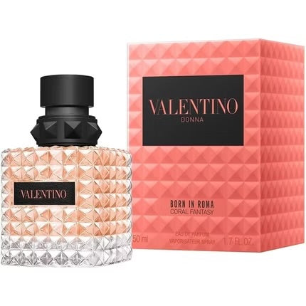 Valentino Donna Born in Roma Coral Fantasy Eau de Parfum spray 50ml bottle with floral and coral accents, elegant design.