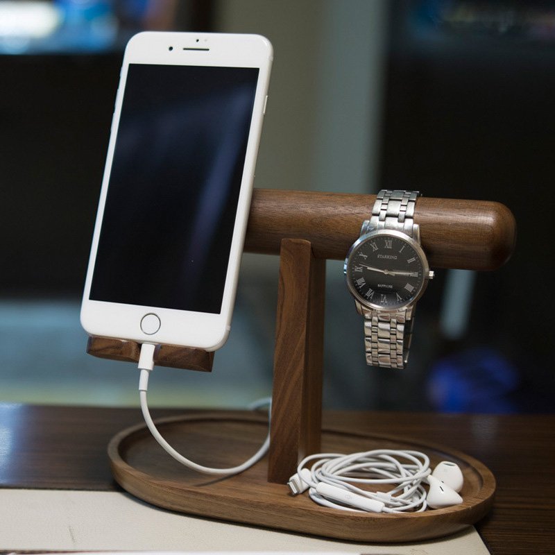 Fuchsia Molly wood organizer for phone, watch, and jewelry with compartments for stylish storage and organization.