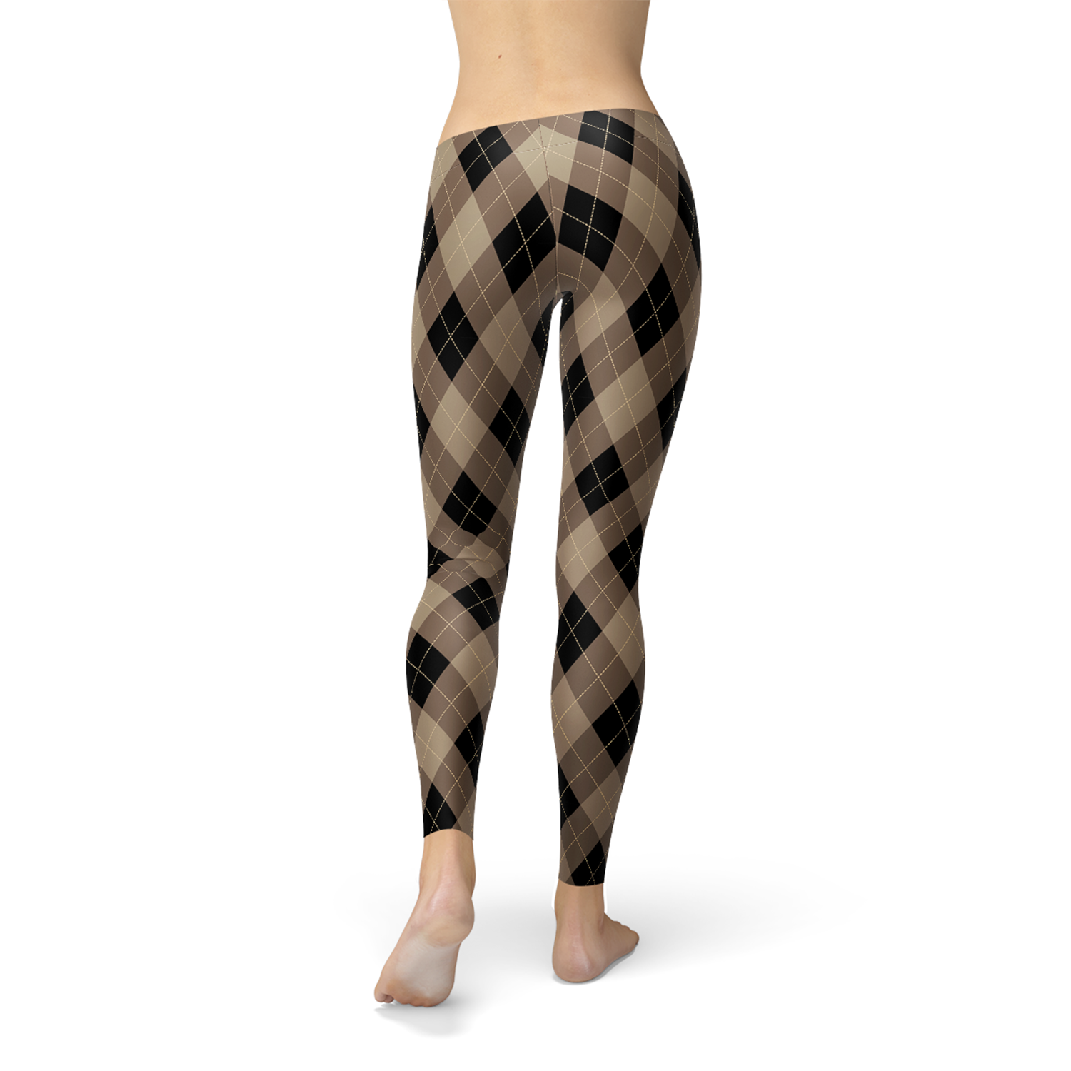 Women’s beige and brown argyle leggings by Maroon Sooty, showing close-up of patterned fabric and comfortable fit.