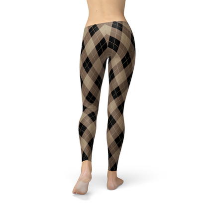 Women’s beige and brown argyle leggings by Maroon Sooty, showing close-up of patterned fabric and comfortable fit.