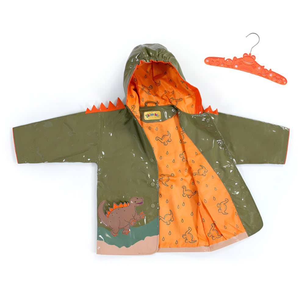 Kids and babies Dinosaur raincoat by Magenta Ash, featuring colorful dinosaur print and a free hanger for easy storage.