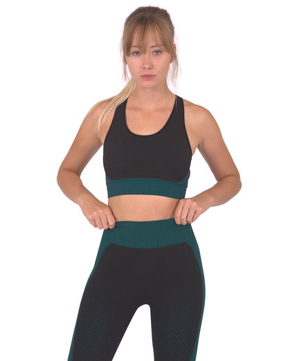 Lazurite Trois Seamless Sports Bra in black with blue accents, showcasing its sleek, supportive activewear design for workouts.