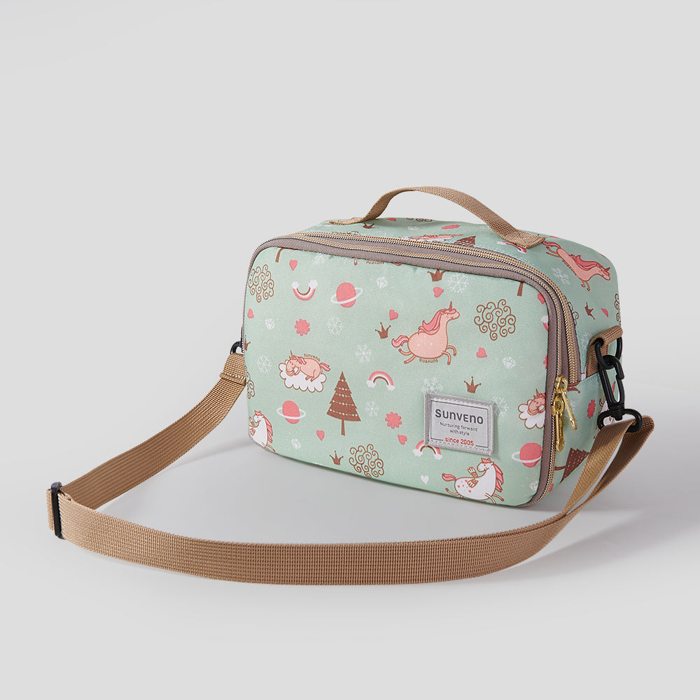 Maroon Chronos all-in-one diaper bag with changing pad, featuring multiple compartments and adjustable straps for parents on the go.