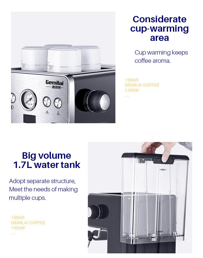 Stainless steel Teal Simba espresso coffee maker on kitchen countertop, Italian coffee machine for home brewing.
