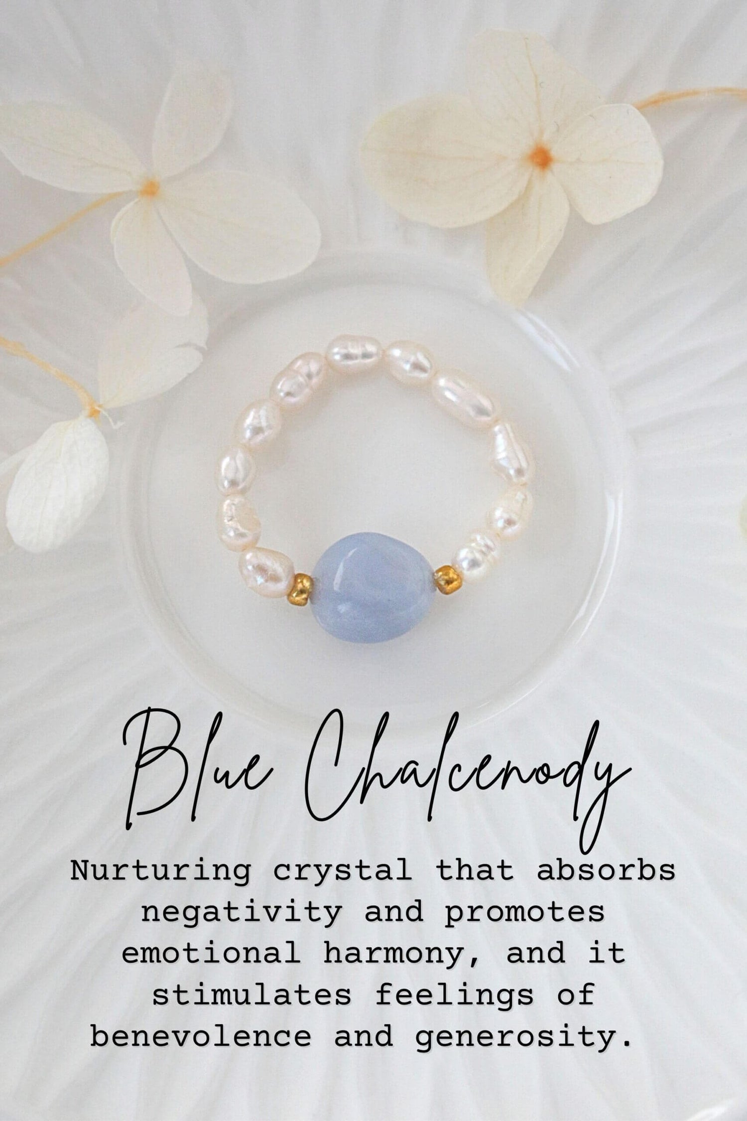 Elastic rings featuring natural crystals and freshwater pearls by Ultramarine Birch, showcasing elegant, handmade jewelry design.