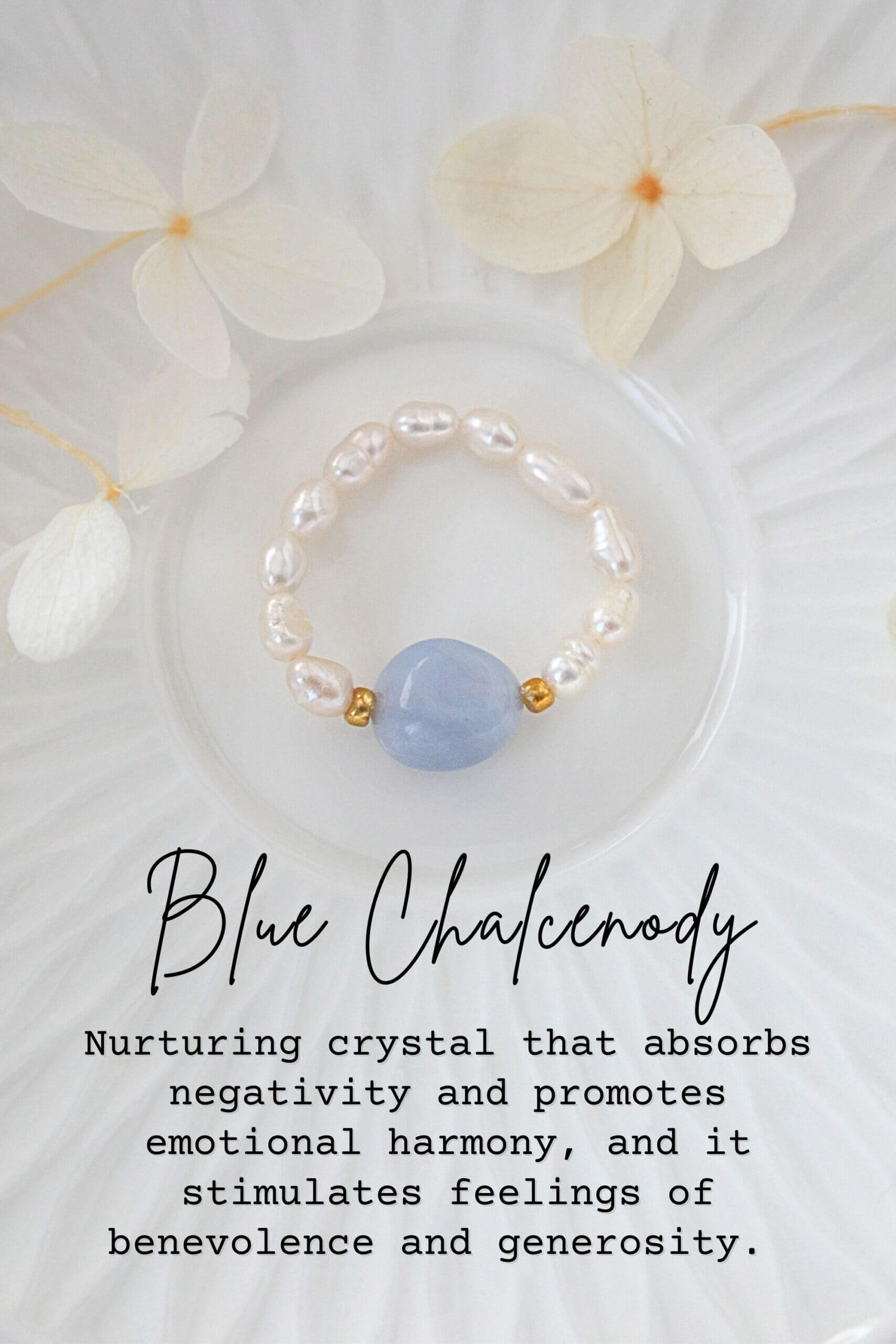 Elastic rings featuring natural crystals and freshwater pearls by Ultramarine Birch, showcasing elegant, handmade jewelry design.