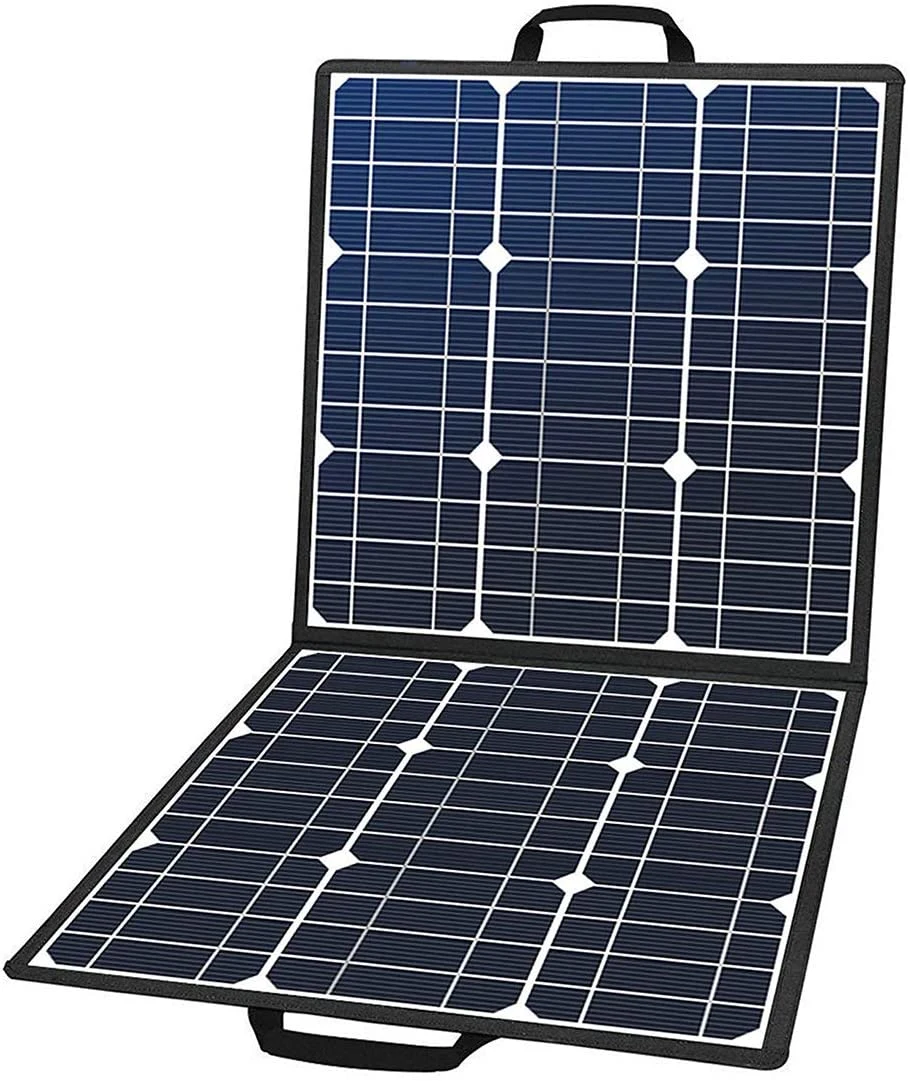 Foldable 50W 18V portable solar panel by Lilac Milo, shown folded with handle and compact design for outdoor use.