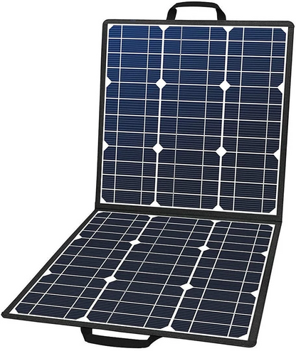 Foldable 50W 18V portable solar panel by Lilac Milo, shown folded with handle and compact design for outdoor use.