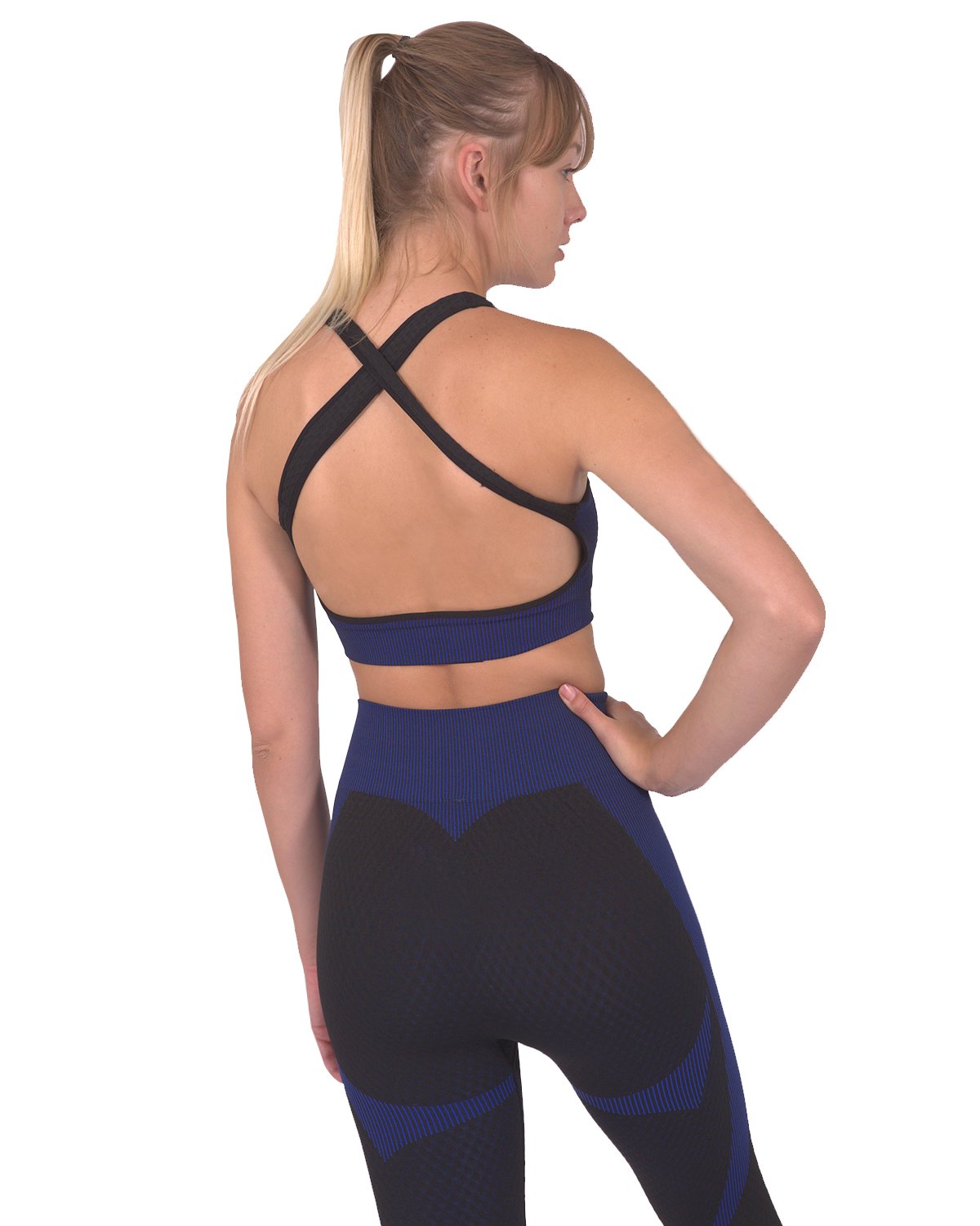 Lazurite Trois seamless sports bra in black with navy accents, activewear, lightweight and supportive for workout comfort.