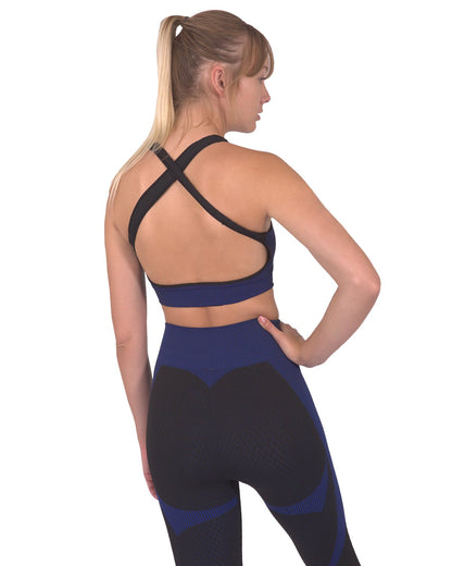 Lazurite Trois seamless sports bra in black with navy accents, activewear, lightweight and supportive for workout comfort.