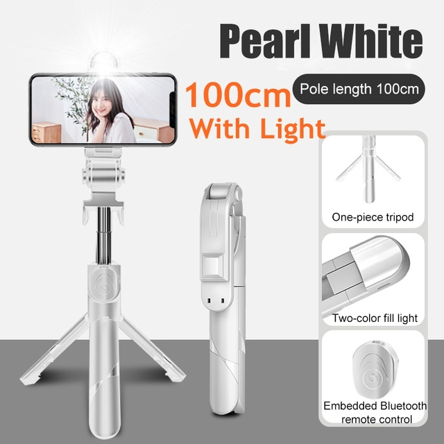 Lilac Milo 3-in-1 tripod and Bluetooth selfie stick with fill light for smartphones, featuring adjustable legs and built-in lighting.