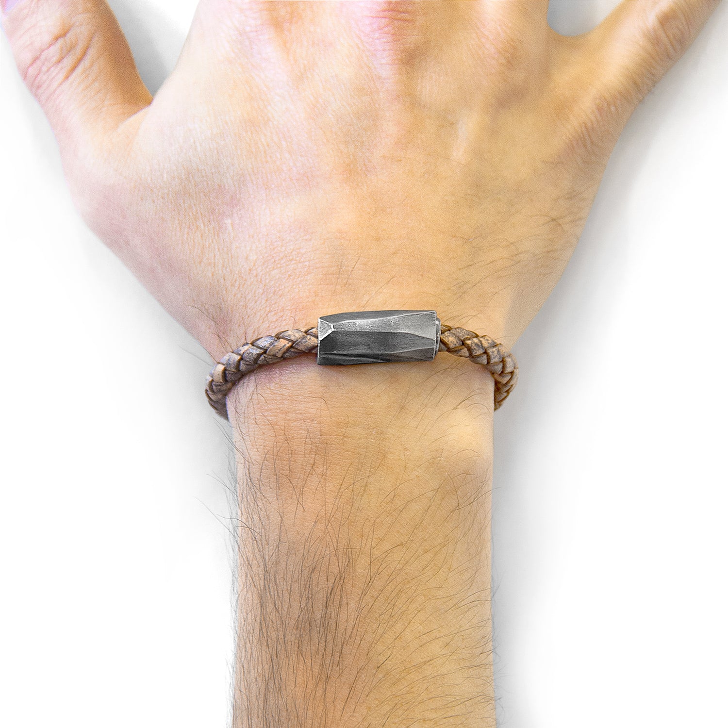Taupe grey Hayling silver and braided leather bracelet by Magenta Sooty, featuring silver accents and a stylish braided leather band.