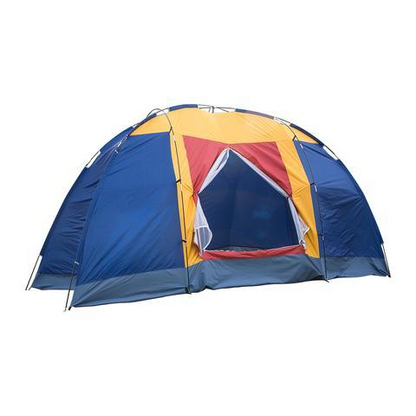 Lilac Milo outdoor 8-person camping tent set up outdoors, showing the spacious tent with rainfly and mesh windows for camping.