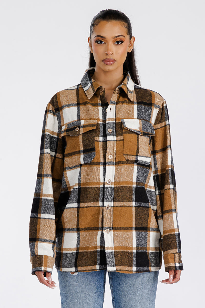 Lime Milo Boyfriend oversized soft flannel shacket in plaid pattern, featuring a relaxed fit, front pockets, and button closure.
