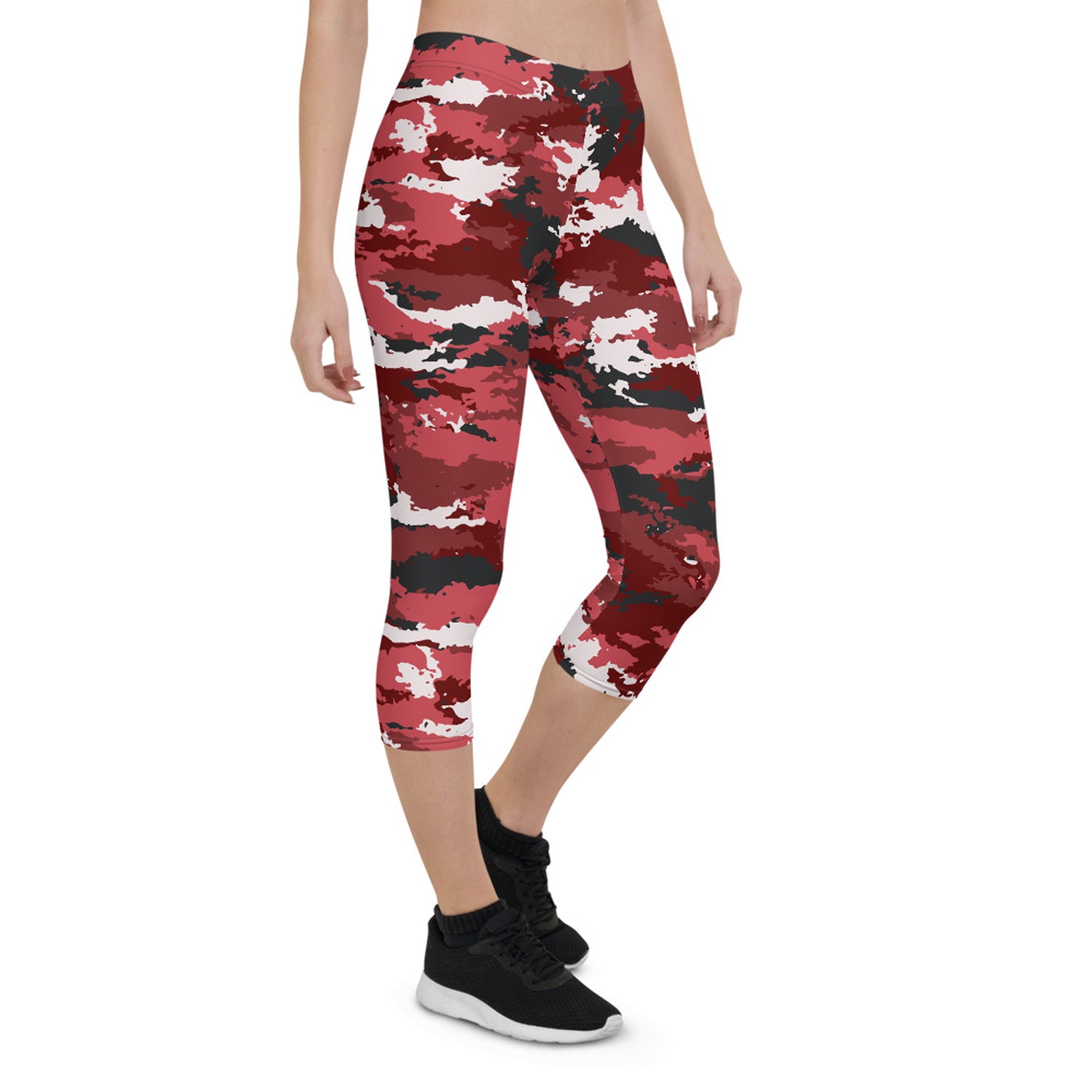 Maroon Sooty red camouflage activewear capri leggings with fitted waistband and stretchy fabric for workout and casual wear.