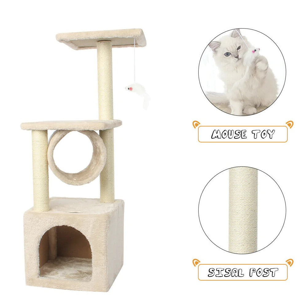 Yellow Pandora cat tree house tower with multiple levels, cozy hideouts, and scratching posts for climbing and playing.