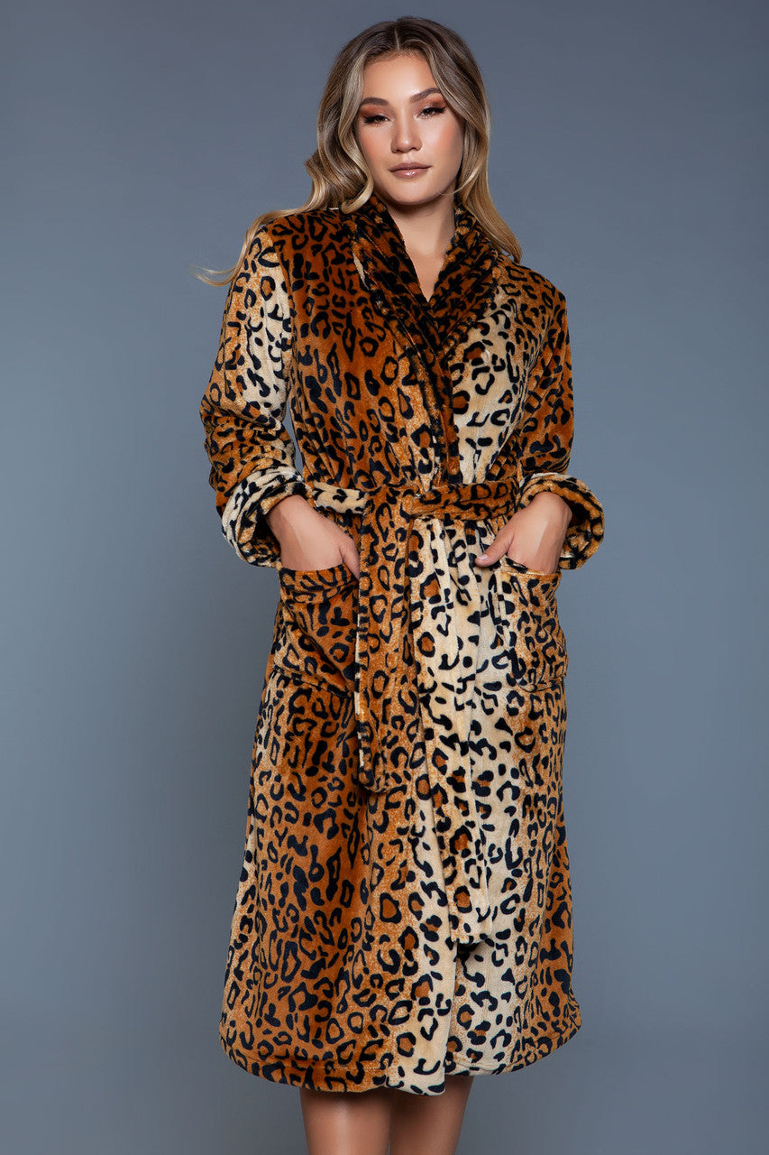 Magenta Caeneus leopard sleepwear robe with soft fabric and stylish animal print, shown draped on a hanger.