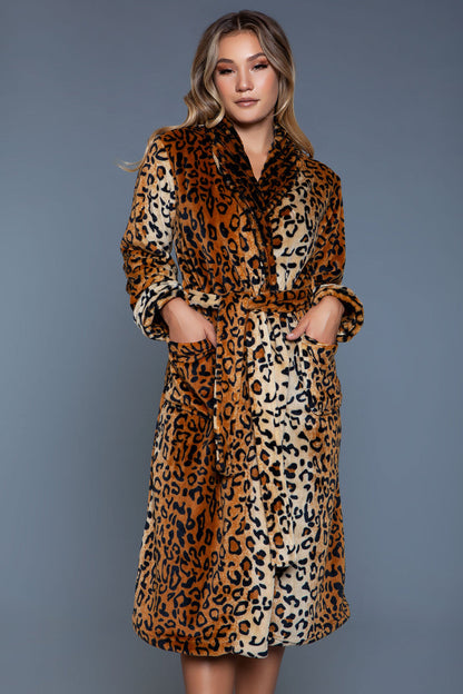 Magenta Caeneus leopard sleepwear robe with soft fabric and stylish animal print, shown draped on a hanger.