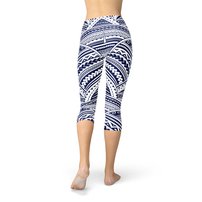Polynesian Maori tattoo design Capri leggings by Maroon Sooty featuring bold black tribal patterns on soft stretchy fabric