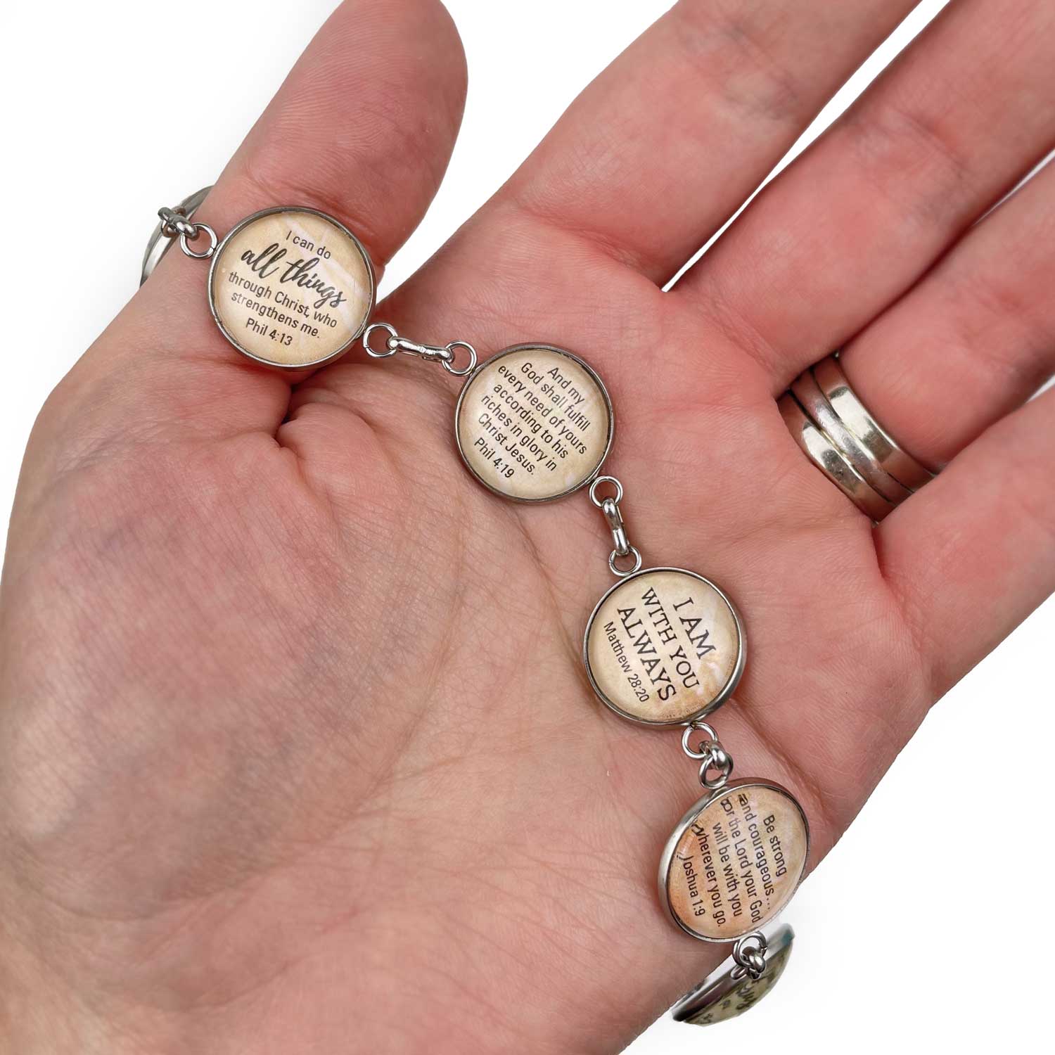 Silver Philippians 4:8 scripture bracelet by Orchid Briseis featuring engraved glass beads with inspirational message.