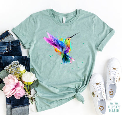 Agate hummingbird T-shirt featuring a colorful bird design on soft fabric, perfect for casual wear.