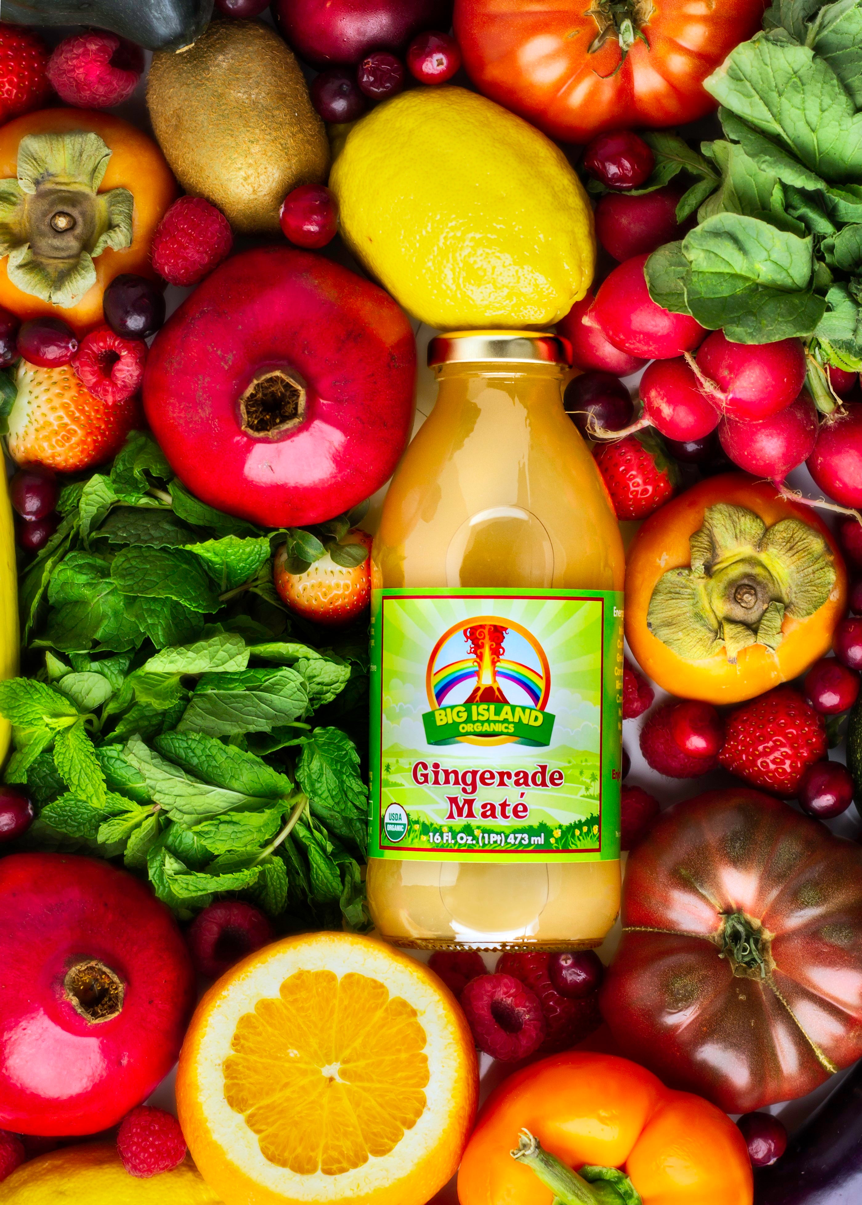 12-pack of Plum Maple Gingerade Maté 16oz bottles, featuring fresh ginger and brewed yerba mate in a colorful beverage.