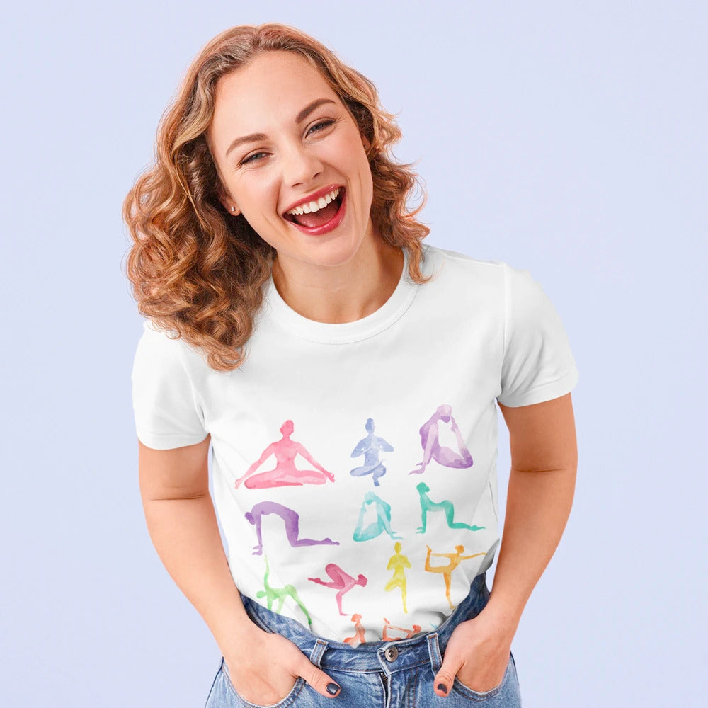 Yellow Pandora yoga poses print jersey short sleeve T-shirt with colorful yoga pose illustrations on soft fabric.