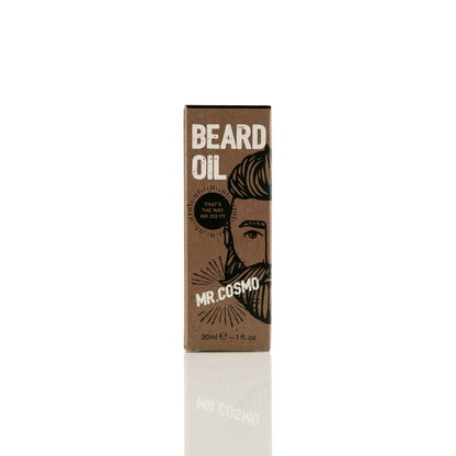 Taupe Perses Mr. Cosmo Beard Oil in a 30ml bottle, featuring a sleek design and applicator for nourishing beard hair and skin care.