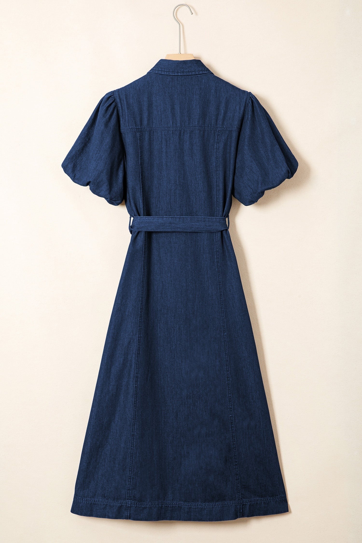 Solid denim midi dress with collared neckline, bubble sleeves, and button details, by Byzantium Bay for women&