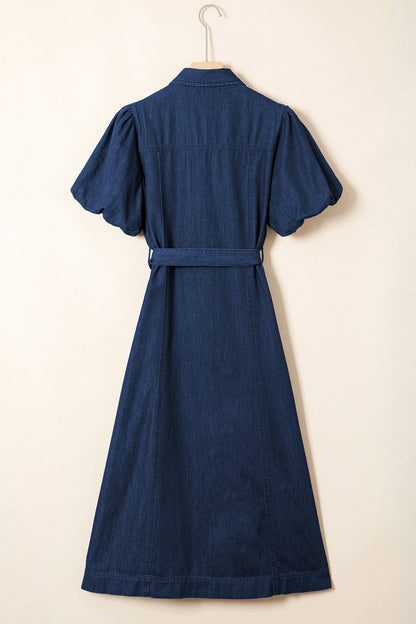 Solid denim midi dress with collared neckline, bubble sleeves, and button details, by Byzantium Bay for women&
